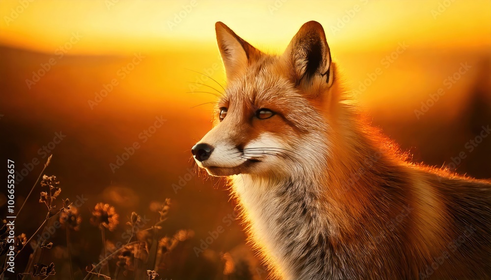 Naklejka premium a fox standing in a sunlit clearing in a forest, with the golden hour light casting a warm glow on its fur and the surrounding foliage, creating a serene and natural scene, with copy space for text