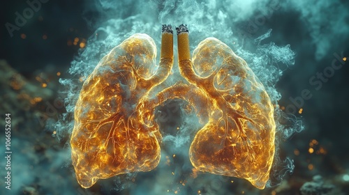 A pair of burning lungs with a cigarette sticking out of the top. photo