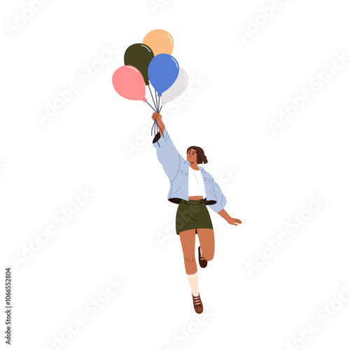 Happy girl flying up with air balloons bunch. Joyful woman holding helium baloons, soaring, rising high with smile, celebrating holiday. Flat graphic vector illustration isolated on white background