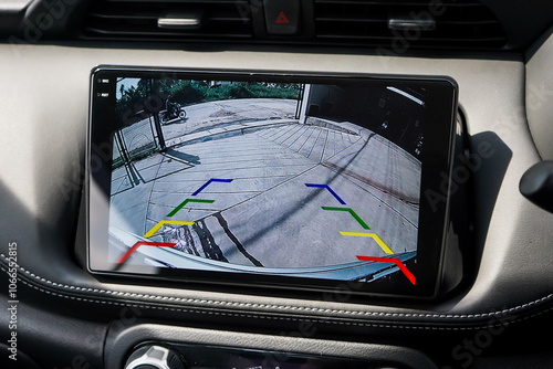 Rear view monitor for reversing system Car display and rear view camera parking assistant car navigation.