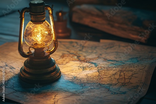 Vintage Lantern Illuminating an Old World Map: A Journey of Exploration