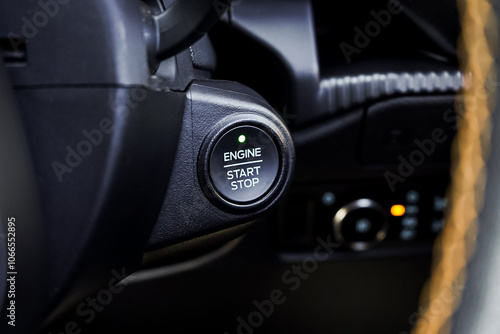 Close up engine car start button. Start stop engine modern new car button,Makes it easy to turn your auto mobile on and off. a key fob unique ,selective focus