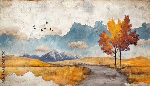 A piece of wall art depicting a Wyoming landscape during late summer, characterized by impasto techniques, fragmentation, and a rustic aesthetic