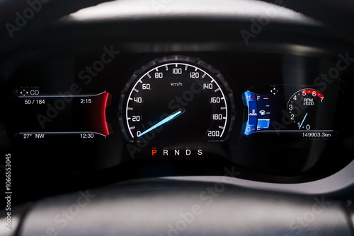 car​ instrument panel, car​ speed motor of​ night, car​ dashboard​ modern​ automobile control​illuminated panel​ speed display. photo