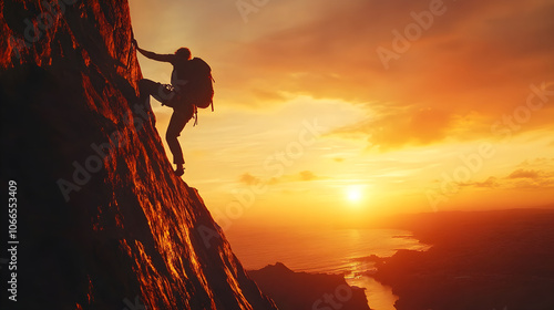 Silhouette of climber ascending rocky hill at sunset, evoking adventure and determination
