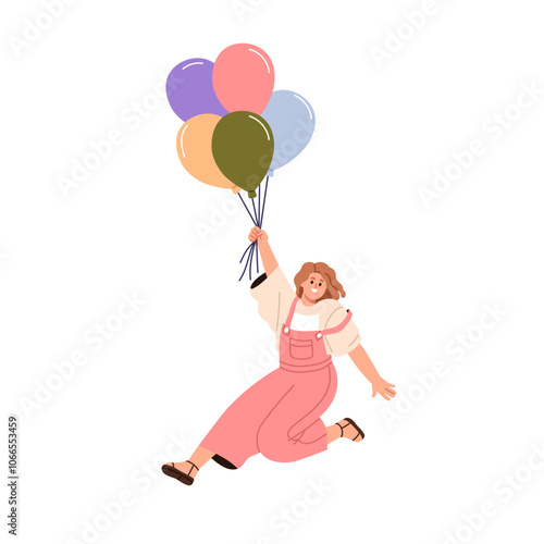 Happy girl holding air balloons in hand, soaring up with joy. Festive young f...