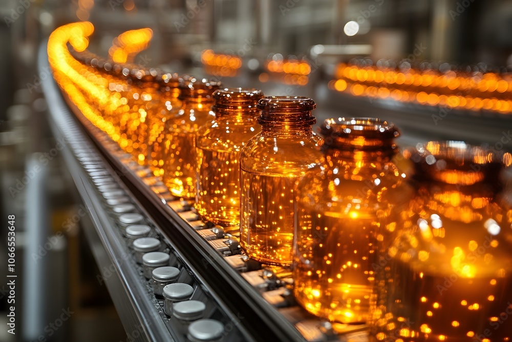a production line in a clean, well-lit setting, with amber bottles moving through automated machinery. pharmaceutical manufacturing, production line, pharmaceutical production a production line in a clean, well-lit setting, with amber bottles moving through automated machinery. pharmaceutical manufacturing, production line, pharmaceutical production