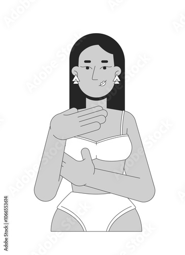 Brunette middle eastern woman in brassier examining breast black and white 2D line character. Mastopathy. Turkish female touching chest isolated vector outline person. Monochrome spot illustration