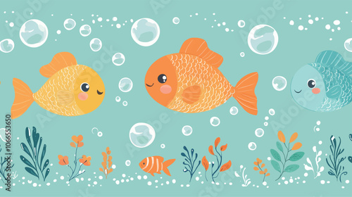 Cute seamless pattern with fish and seaweed. Vector illustration. 