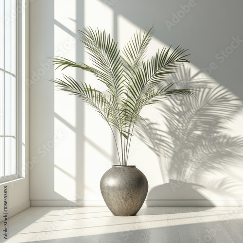 Palm tree branches in a vase on the floor in the sunlight from the window, isolated on a white background. Stylish composition for interior decor, illustration, creative template for a postcard, print