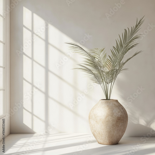 Palm tree branches in a vase on the floor in the sunlight from the window, isolated on a white background. Stylish composition for interior decor, illustration, creative template for a postcard, print