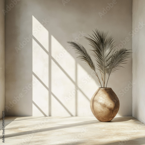 Palm tree branches in a vase on the floor in the sunlight from the window, isolated on a white background. Stylish composition for interior decor, illustration, creative template for a postcard, print