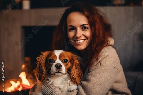 Happy young woman with dog in front of fireplace at home. Smiling woman with pet.