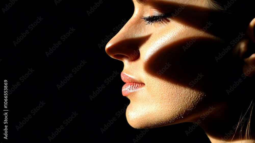 A woman's face is illuminated by the sun, casting dramatic shadows on her skin A woman's face is illuminated by the sun, casting dramatic shadows on her skin