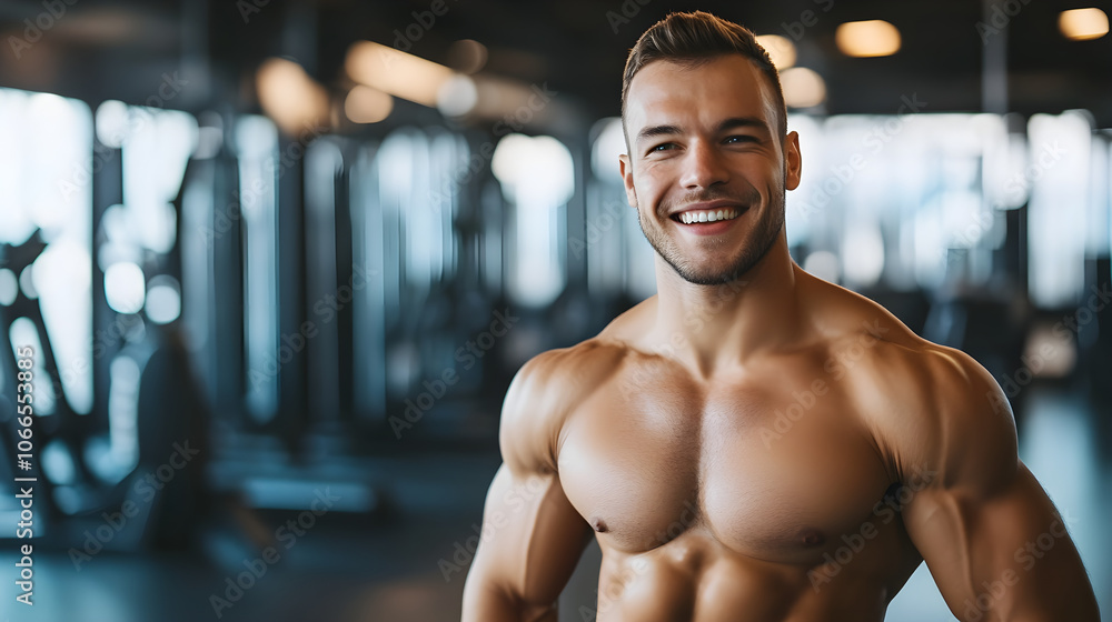 Smiling muscular man in gym with copy space, showcasing fitness and strength Smiling muscular man in gym with copy space, showcasing fitness and strength