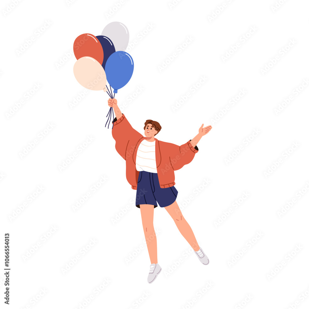Happy girl holding festive helium balloons bunch, floating up. Smiling female with plastic baloons bundle in hand, rising, flying with joy. Flat vector illustration isolated on white background Happy girl holding festive helium balloons bunch, floating up. Smiling female with plastic baloons bundle in hand, rising, flying with joy. Flat vector illustration isolated on white background