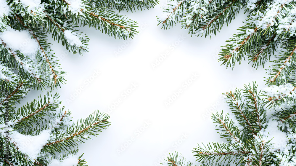Snow covered pine branches frame blank space, evoking winter beauty Snow covered pine branches frame blank space, evoking winter beauty