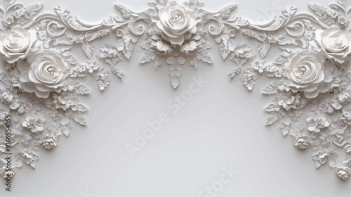 Decorative white floral ornament on a white wall. Vector illustration. 