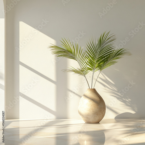 Palm tree branches in a vase on the floor in the sunlight from the window, isolated on a white background. Stylish composition for interior decor, illustration, creative template for a postcard, print