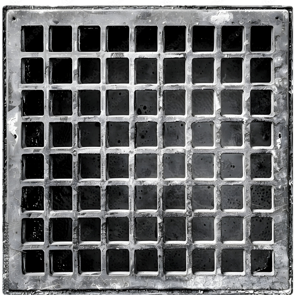 A drainage grate with a rectangular grid pattern isolated on white background A drainage grate with a rectangular grid pattern isolated on white background