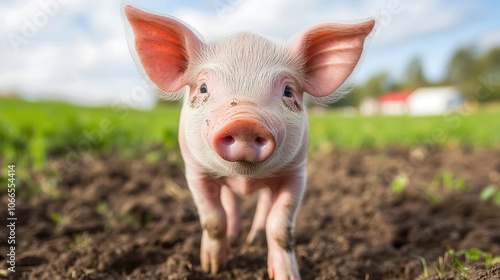 Pink Piglet Standing in a Field of Green Grass