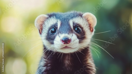 Close-up Portrait of a Curious Black and White Ferret with Pink Nose photo