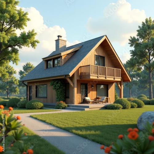 Cozy A-frame cabin, rustic wooden architecture, lush green lawn, summer afternoon, fluffy white clouds, pine trees, stone pathway, inviting porch, warm sunlight, idyllic countryside setting, photoreal photo