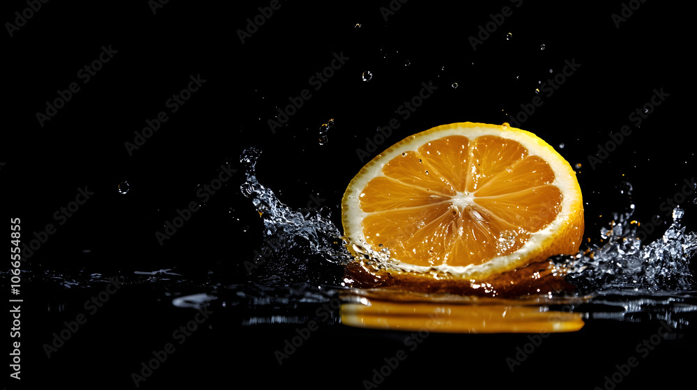 vibrant lemon slice splashes into water, creating dynamic droplets vibrant lemon slice splashes into water, creating dynamic droplets