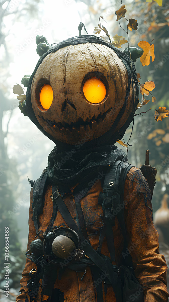 A 3D illustration of a pumpkin head character with a creepy smile, wearing a raggedy brown shirt and black straps, standing in a foggy forest setting. A 3D illustration of a pumpkin head character with a creepy smile, wearing a raggedy brown shirt and black straps, standing in a foggy forest setting.