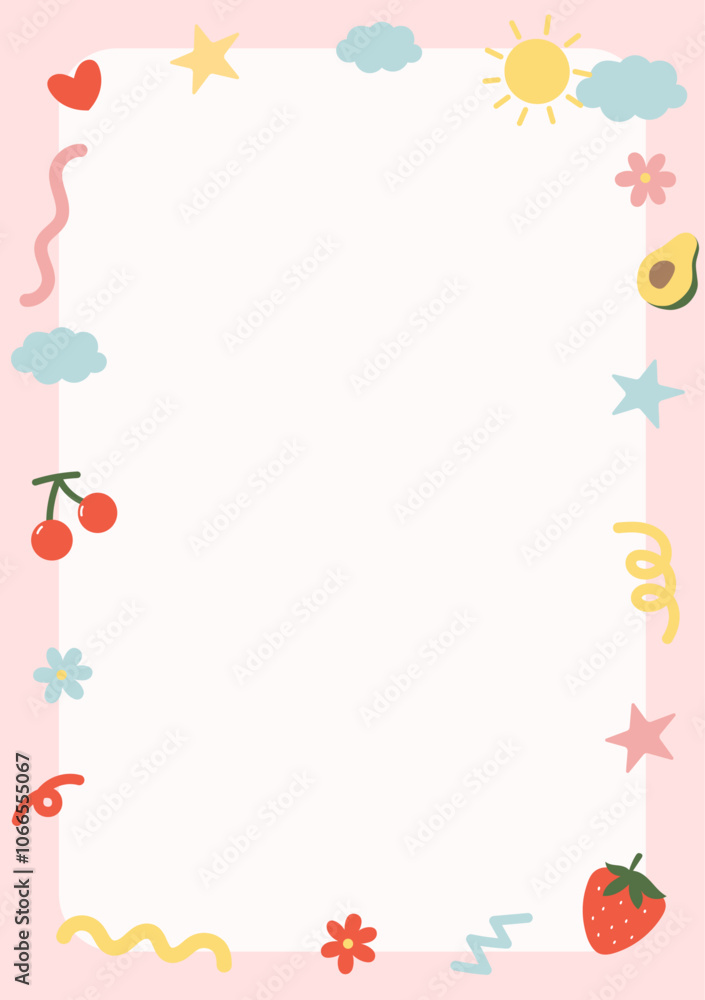 Cute colorful printable note paper with abstract objects and fruits. Vector illustration A5 size note paper for journaling. Cute colorful printable note paper with abstract objects and fruits. Vector illustration A5 size note paper for journaling.