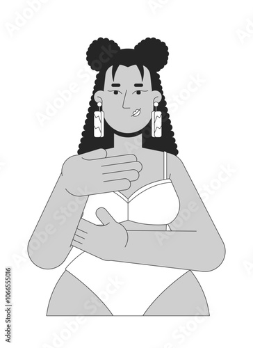 Latin american woman in brassier examining breast black and white 2D line character. Mastopathy detection. Hispanic female touching chest isolated vector outline person. Monochrome spot illustration