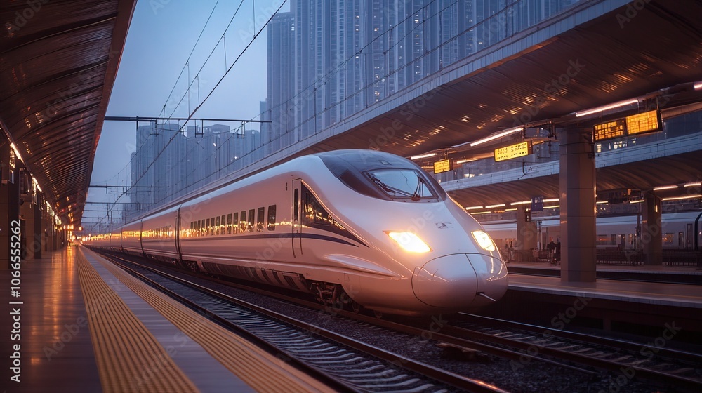 Fototapeta premium High-speed white passenger train moving at railway station platform at sunset