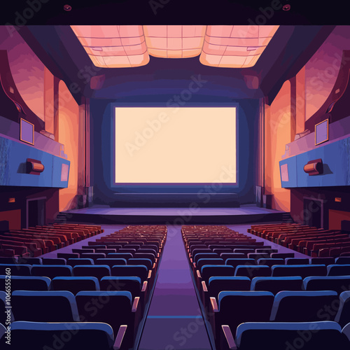 Empty cinema auditorium with seats and blank screen. Vector illustration. 