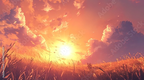 A stunning sunset over a field of tall grass, with a bright sun shining through fluffy clouds.