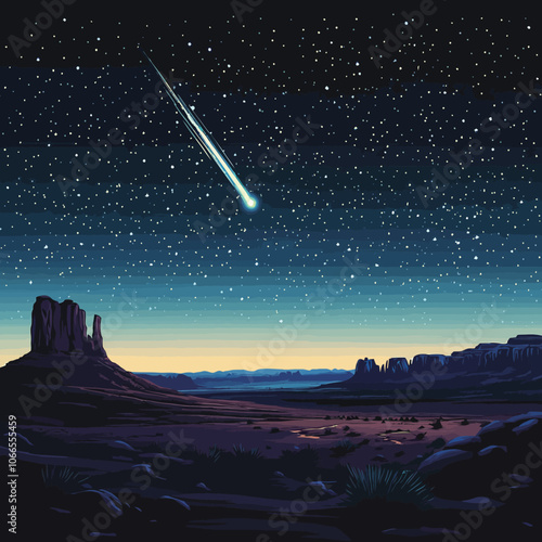 Falling meteorite in the night sky. Fantastic landscape. Vector illustration. 