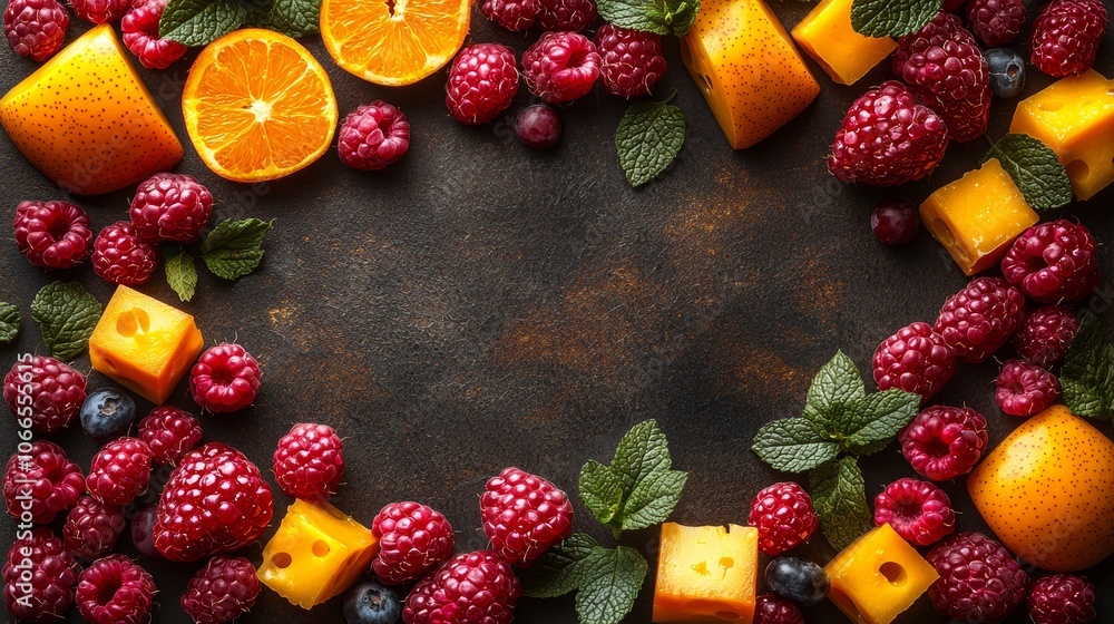 Fresh Fruits and Cheese Slices on Rustic Background Fresh Fruits and Cheese Slices on Rustic Background