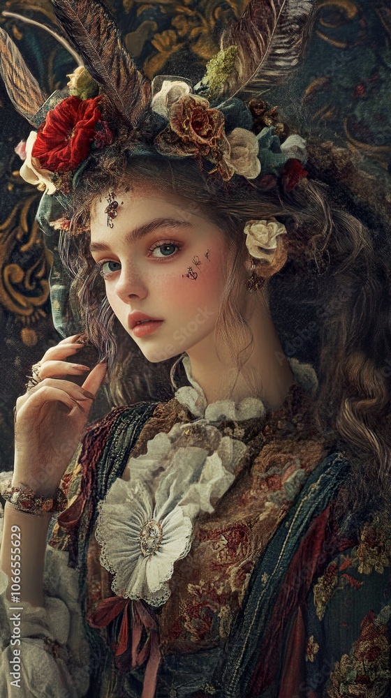 A Portrait of a Young Woman in a Fantasy Setting with Flowers and Feathers A Portrait of a Young Woman in a Fantasy Setting with Flowers and Feathers
