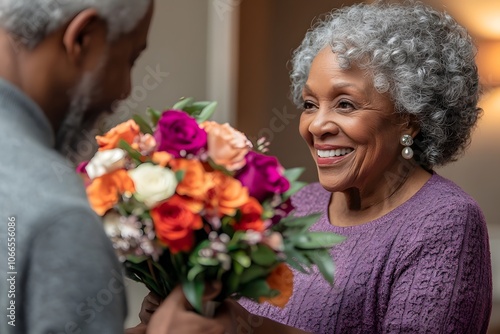 A photograph of an older Black woman in a purple dress being seen by her husband with flowers photo