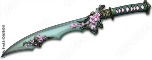 A beautifully crafted sword with intricate floral designs, showcasing elegance and artistry in its green blade and ornate handle.