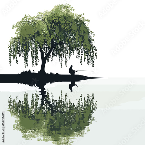 Fisherman on the lake with willow tree and reflection in water 