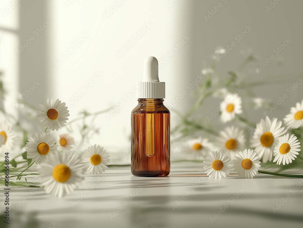 Chamomile Oil Dropper Bottle Surrounded by Flowers Chamomile Oil Dropper Bottle Surrounded by Flowers