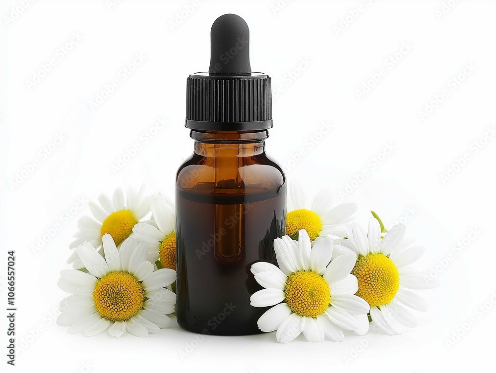 Chamomile Extract Bottle with Dropper and Flowers Chamomile Extract Bottle with Dropper and Flowers