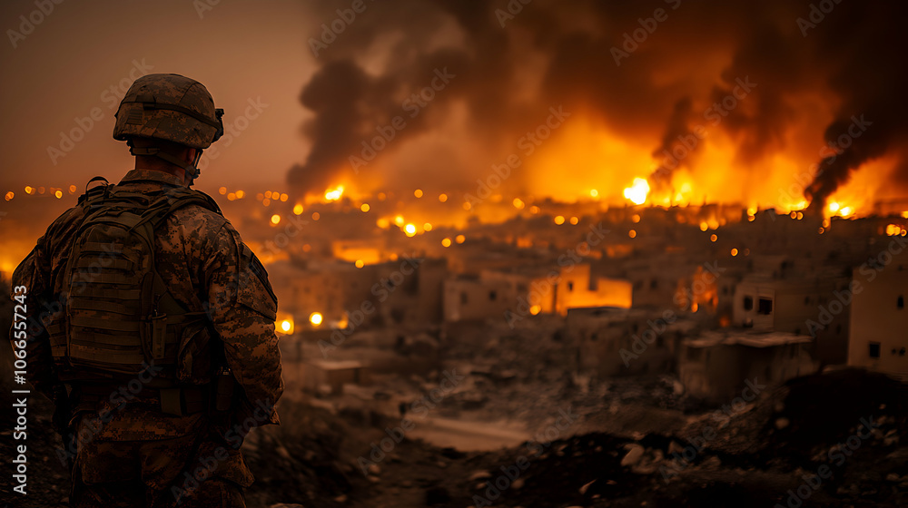 A Soldier Stands Silhouetted Against a Backdrop of Blazing Buildings, Smoke, and Flames, Witnessing the Devastation of a War-Torn City A Soldier Stands Silhouetted Against a Backdrop of Blazing Buildings, Smoke, and Flames, Witnessing the Devastation of a War-Torn City
