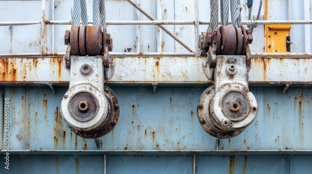 The pulley system, showing notable rust and wear, is part of heavy machinery at an industrial construction site. The environment appears busy with equipment and structures. The pulley system, showing notable rust and wear, is part of heavy machinery at an industrial construction site. The environment appears busy with equipment and structures.