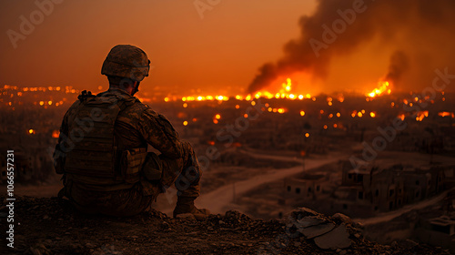 Wallpaper Mural A Silhouette of a Soldier Contemplating the Aftermath of a Fiery Cityscape at Dusk Torontodigital.ca