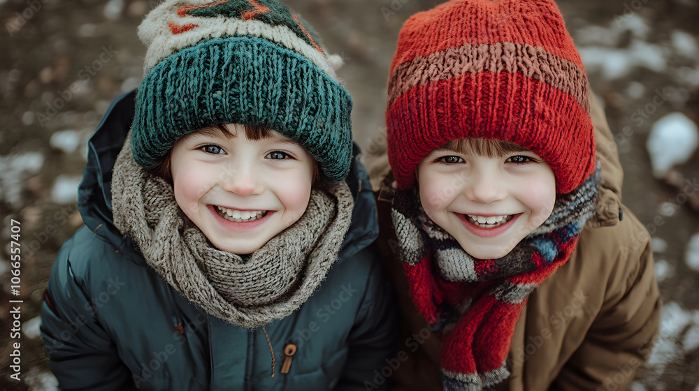 Two smiling children in winter clothing, enjoying snowy weather Two smiling children in winter clothing, enjoying snowy weather