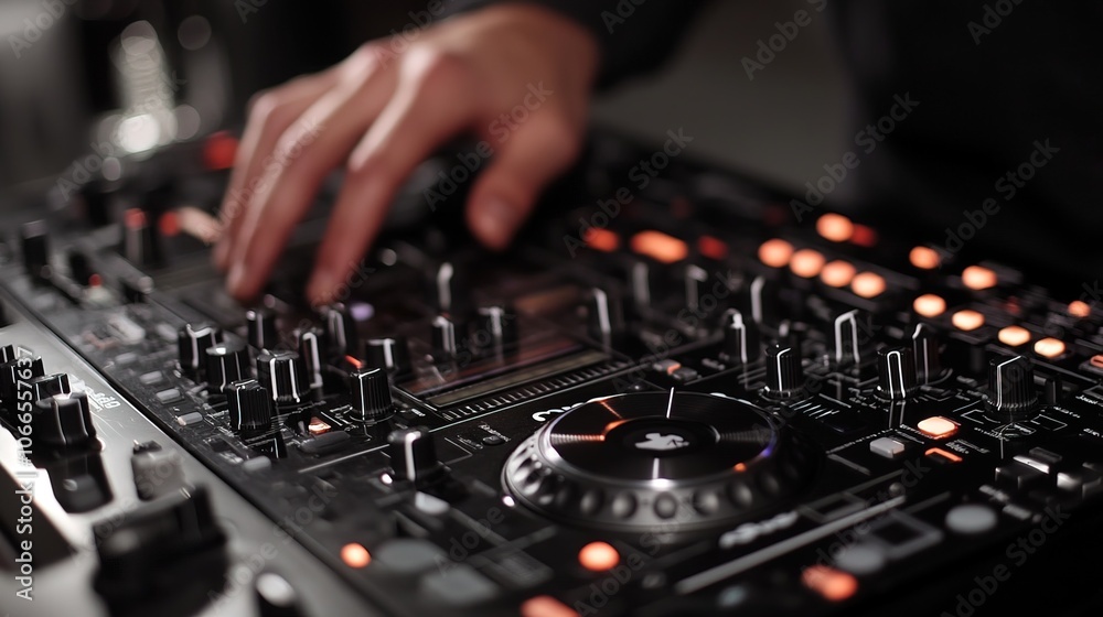 DJ playing music at mixer closeup DJ playing music at mixer closeup