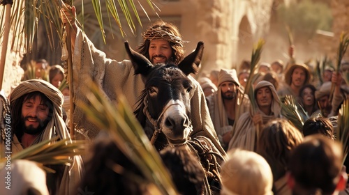 Jesus entering Jerusalem on a donkey crowds with palm branches