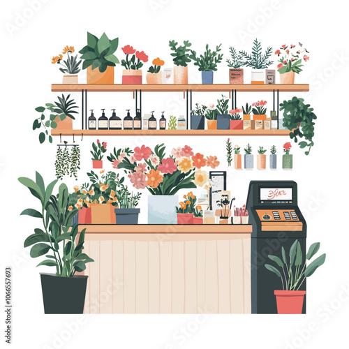 Flower shop interior with plants and tools. Flat style vector illustration. 