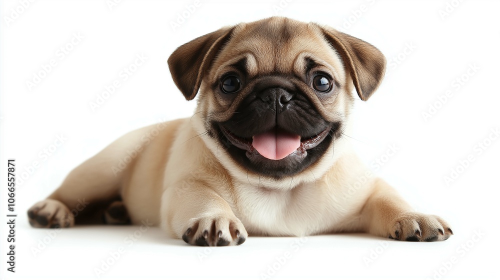 Playful Pug Smiling with Tongue Out on White Background Playful Pug Smiling with Tongue Out on White Background